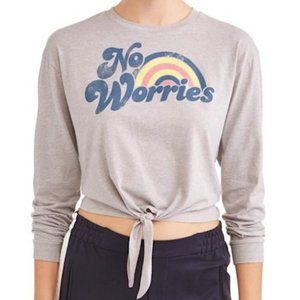 New No Worries Rainbow Cropped Tie Hem Long Sleeve Graphic Tee Grey Size XL